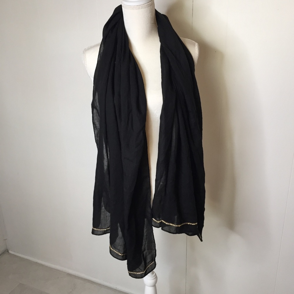 Black Scarf with Gold Chain Accent Accessory 70”